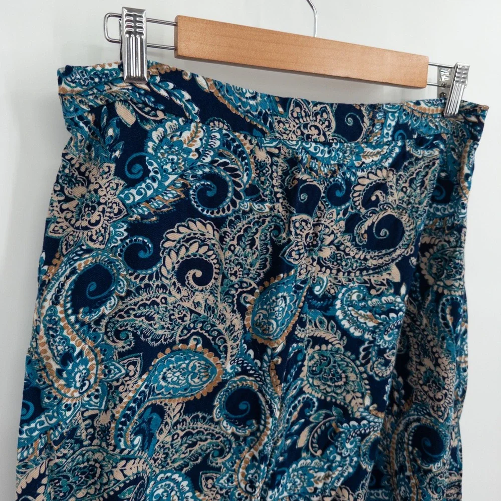 Boho Paisley Midi Skirt Womens L Blue Hippie Festival Flowy Summer‎ Retro 70s
